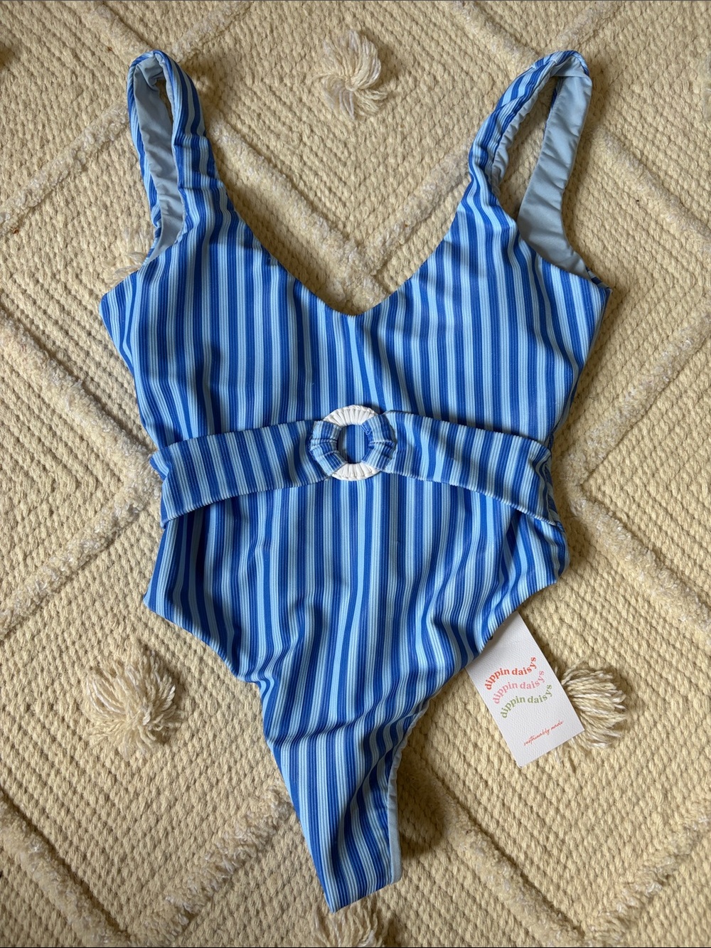 Dippin Daisy’s Blue Striped One-Piece Swimsuit with Belt